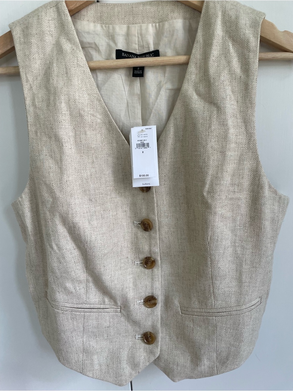Banana Republic NWT Linen Blend Herringbone Tailored Vest Beige Sz 2